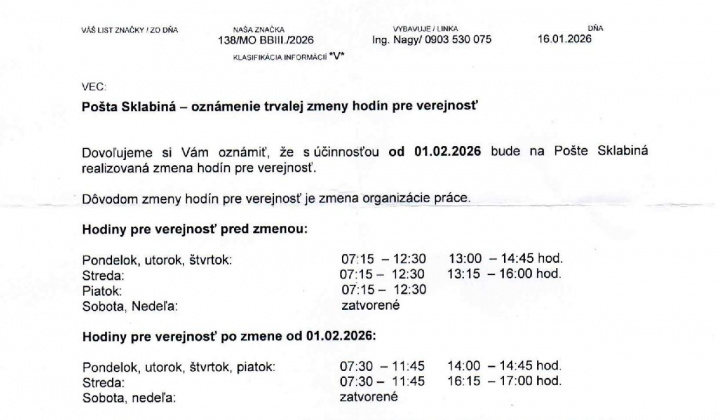 1. fotografia fotogalérie Aktuality / Pošta Sklabiná - zmena hodín pre verejnosť - foto