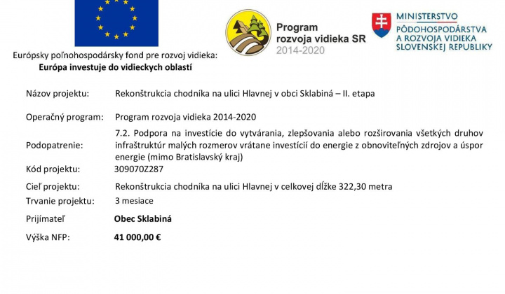 Rekonštrukcia chodníka na ulici Hlavnej v obci Sklabiná – II. etapa